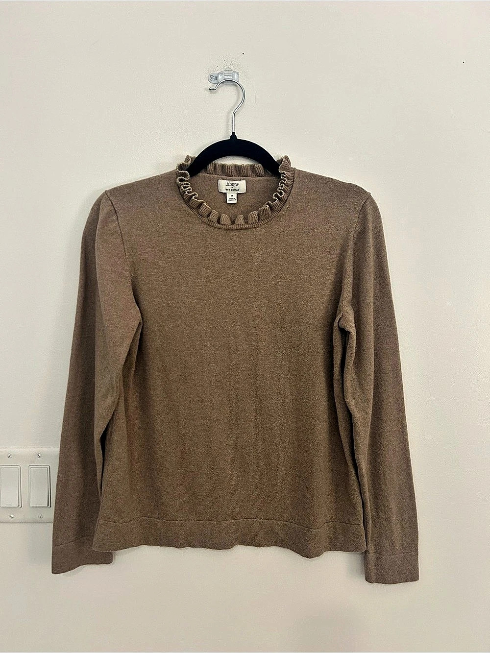 J.Crew Medium Brown 100% Cotton Ruffle Neck Sweater Gold Trim Romantic Preppy